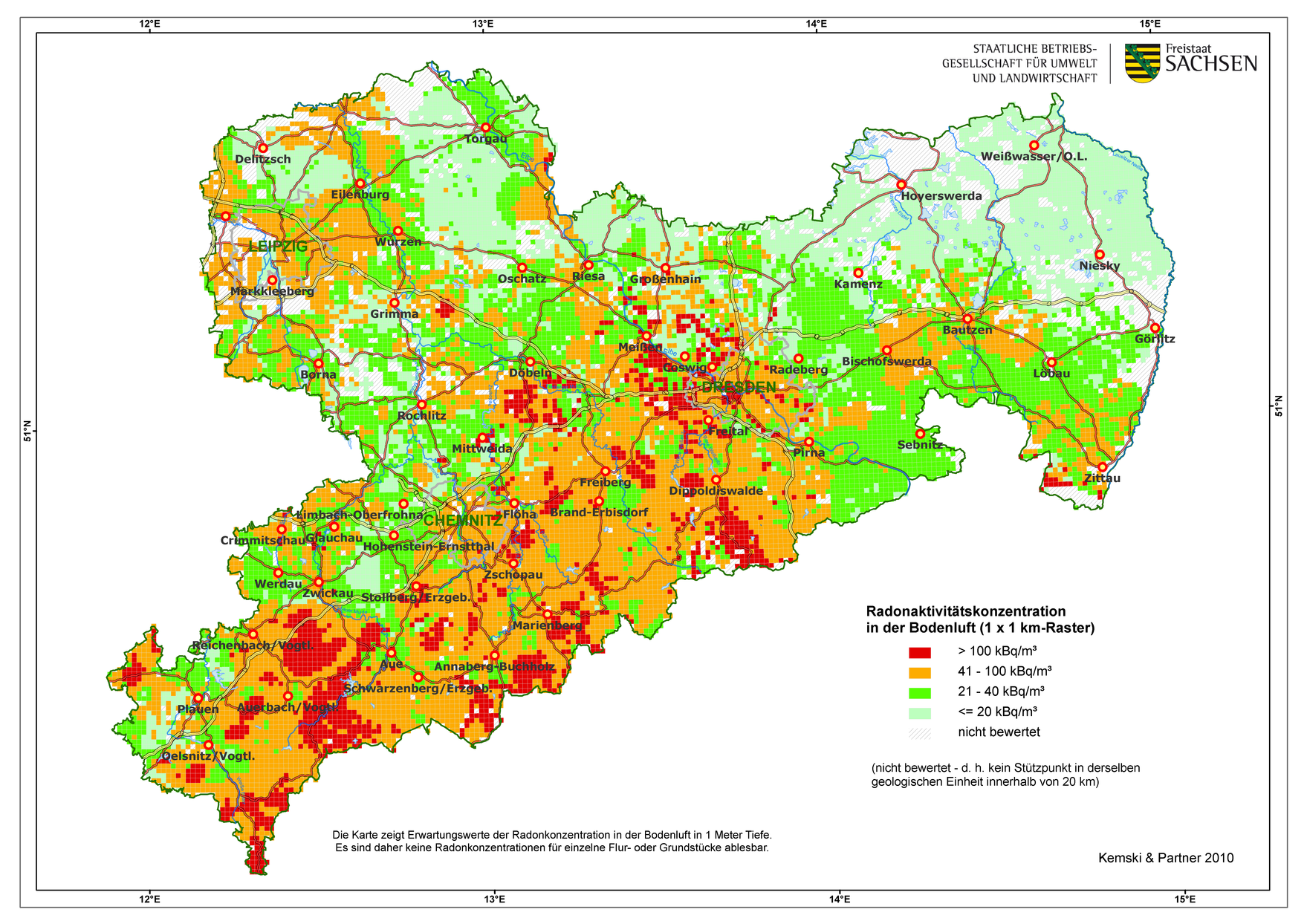 Eine Karte von Sachsen mit den Erwartungswerten der Radonkonzentration in der Bodenluft in einem Meter Tiefe.